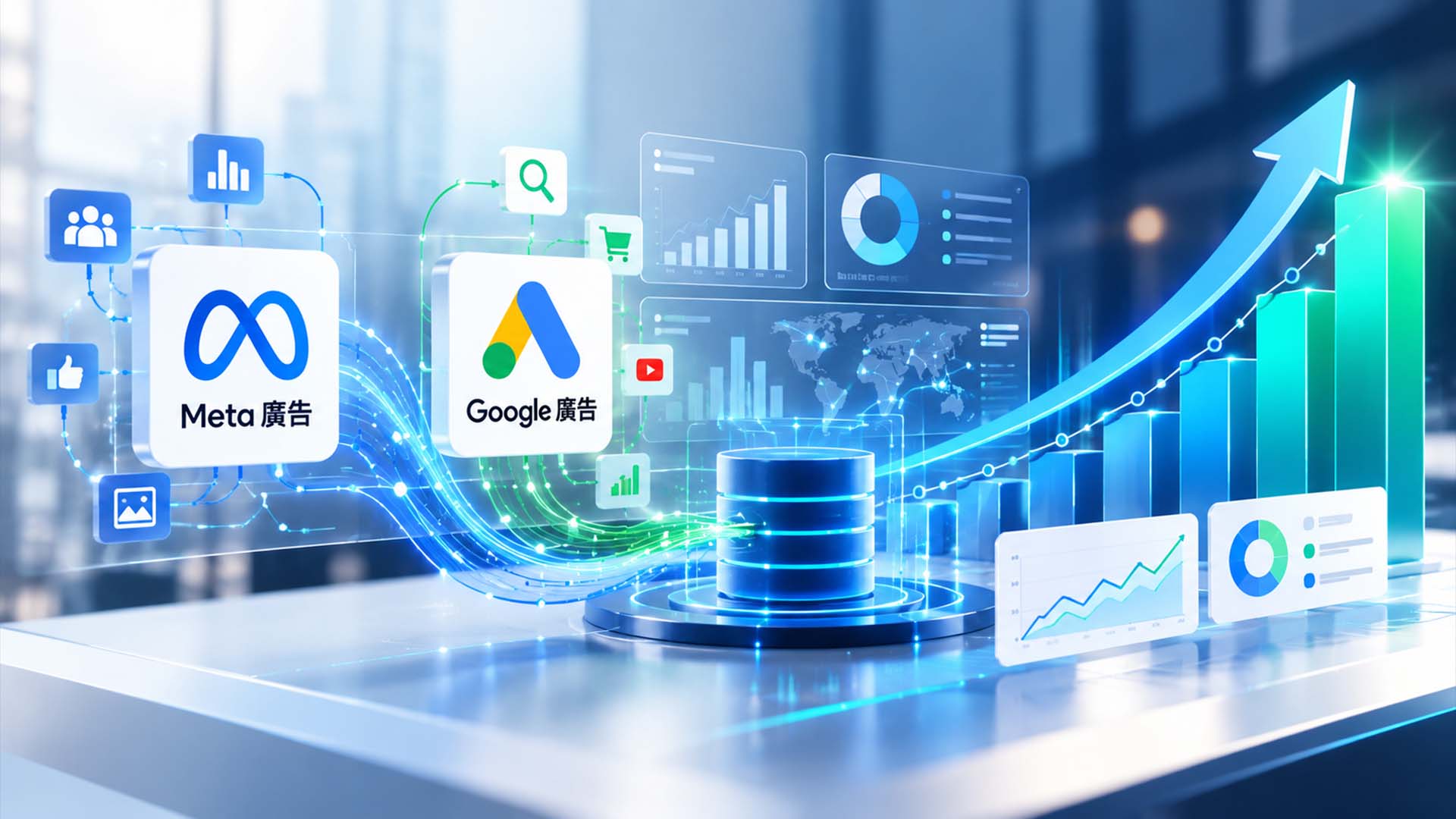 Meta 與 Google 廣告成效追蹤儀表板示意圖